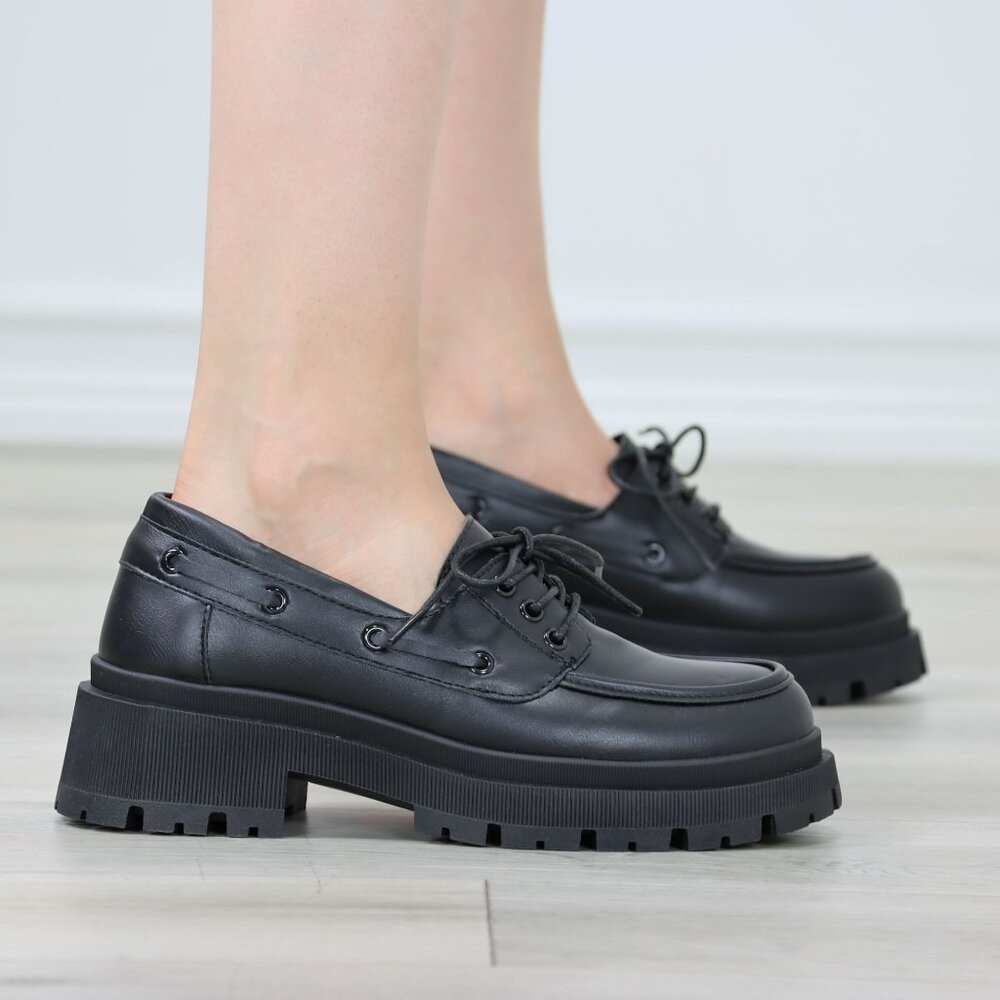 Chunky Loafers Black Lug Sole Slip On Faux Leather Academia Oxfords